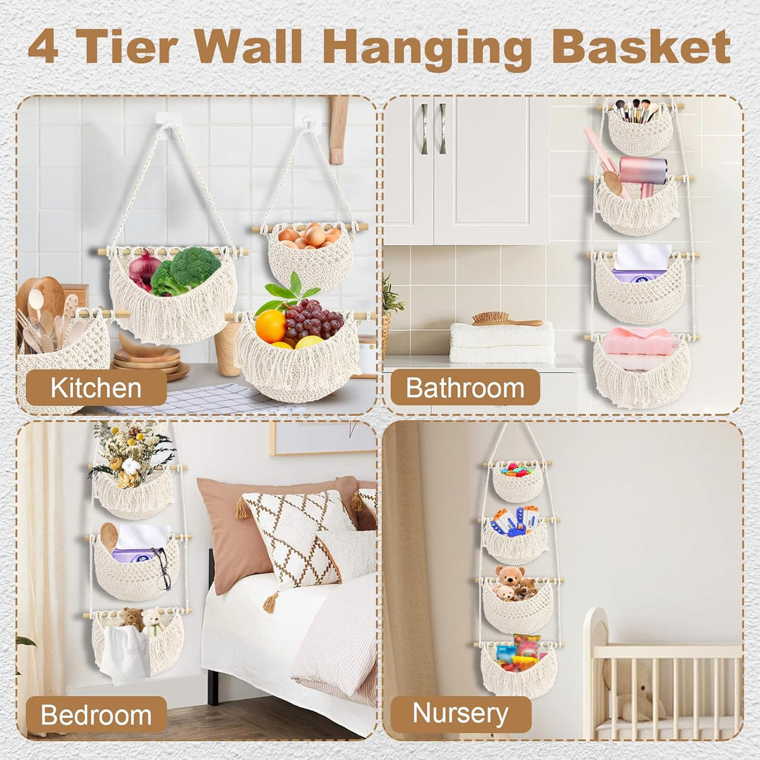 Yiomxhi 4 Stöckig Hängender Organizer Wand Hängekorb, Baumwollseil Hängeorganizer Tür Wandkorb mit 4