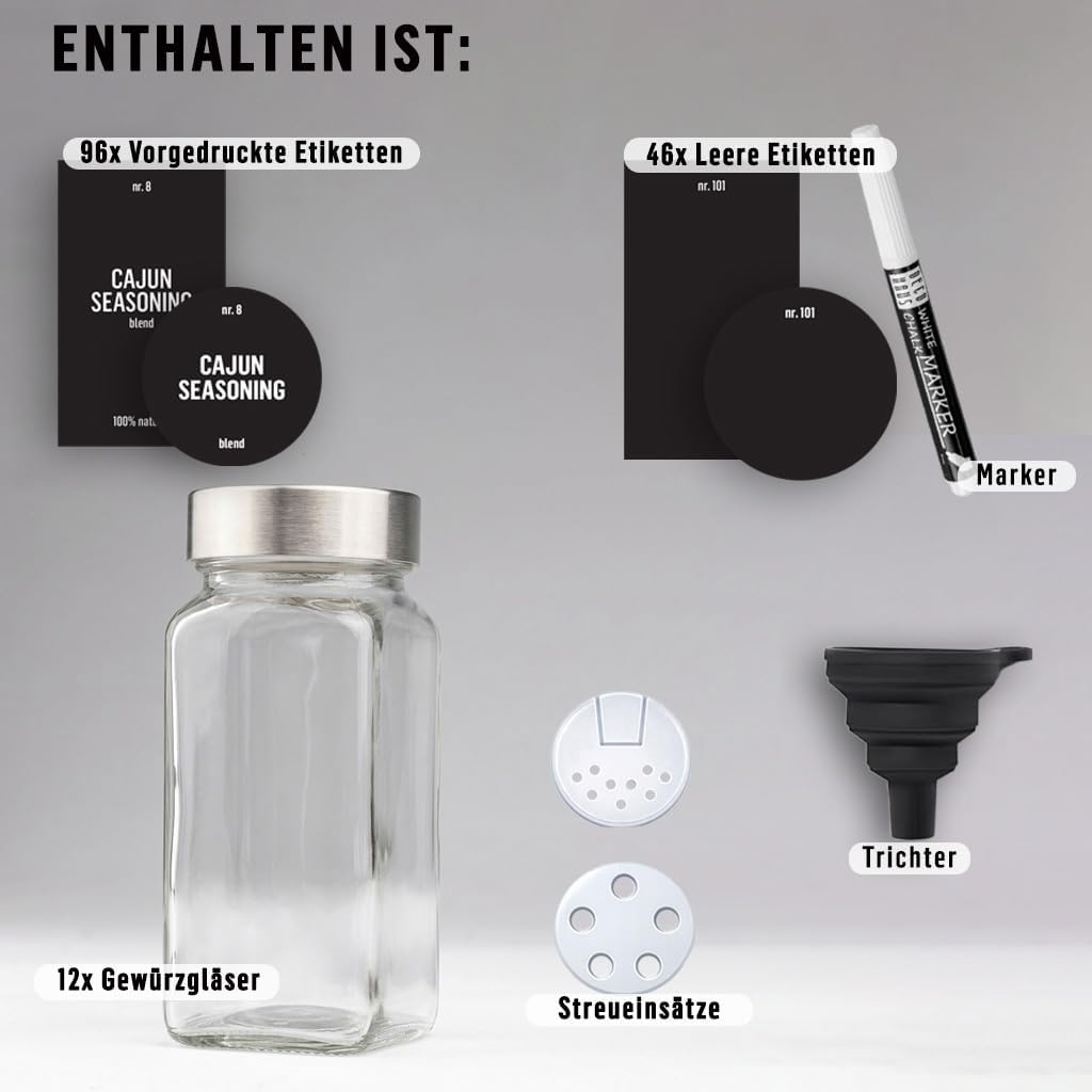 Deco haus Gewürzgläser Eckig mit Gewürzetiketten Gewürzgläser mit Streueinsatz 12er Set - Gewürzdose