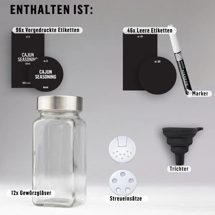 Deco haus Gewürzgläser Eckig mit Gewürzetiketten Gewürzgläser mit Streueinsatz 12er Set - Gewürzdose