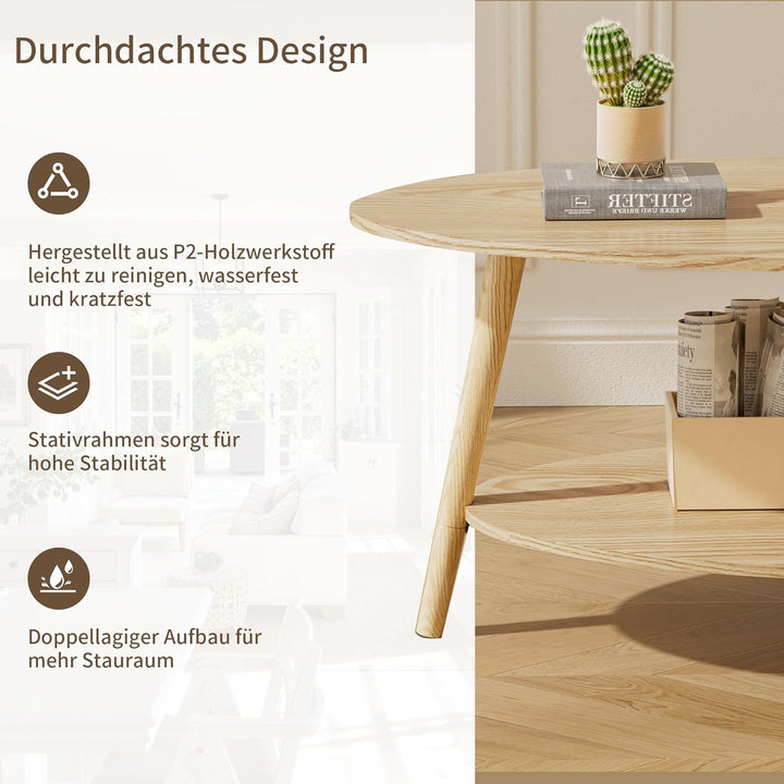 Table Basse, Massivholz Teetisch, Oval Doppelschicht Couchtisch, Runder Tisch für das Wohnzimmer, Co