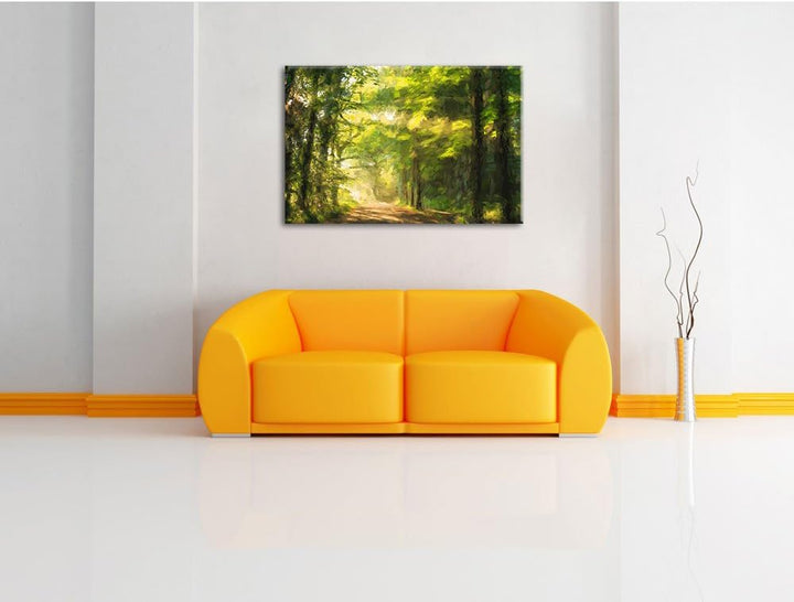 Pixxprint Waldweg im Frühling als Leinwandbild/Grösse: 100x70 / Wandbild/Kunstdruck/fertig bespannt,