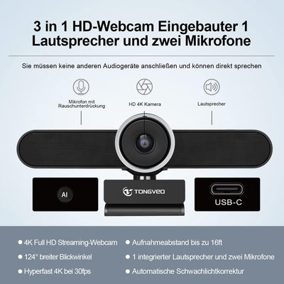 TONGVEO 4K Webcam Konferenzraum- Webkamera mit Mikrofon und Lautsprecher, Computer Videokamera Weitw