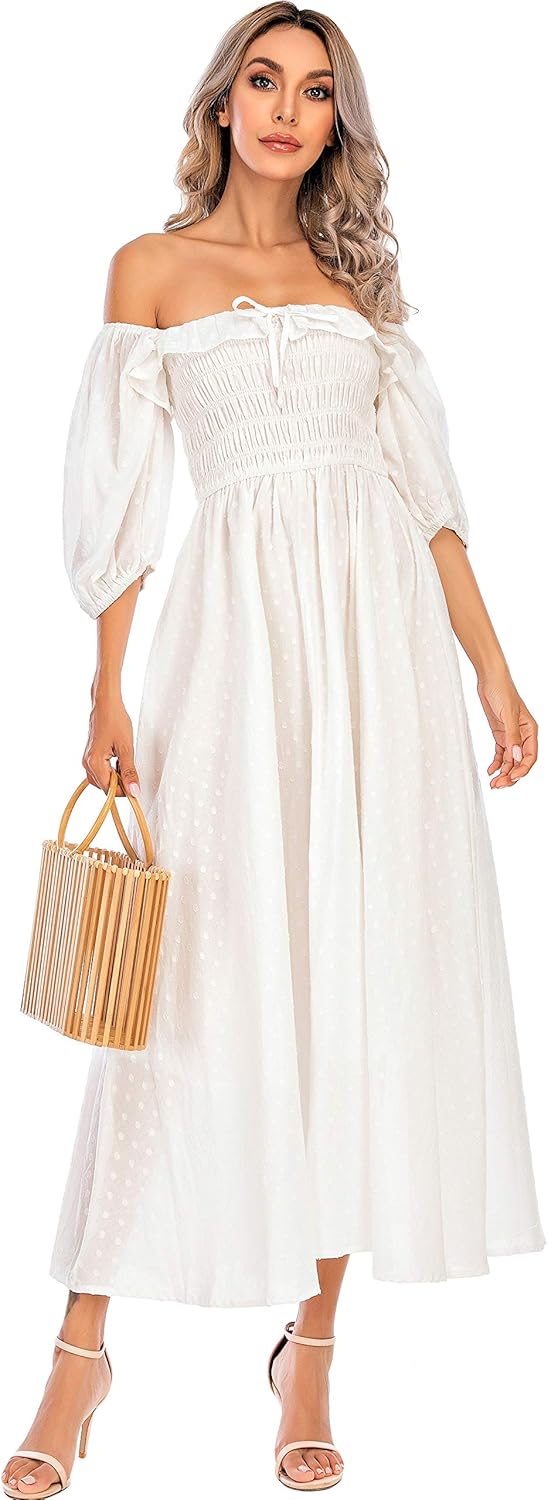 R.Vivimos Damen Polka Dot Slim Fit halbe Hülsenkleider Quadratischer Kragen Langes Midikleid S Weiss