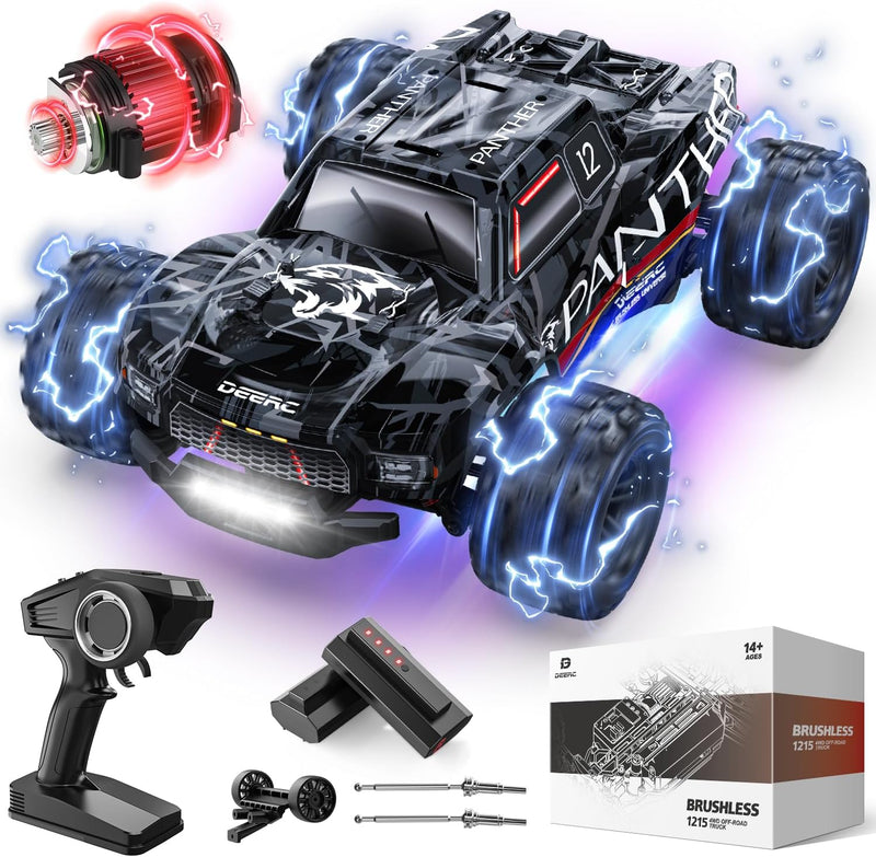 DEERC Ferngesteuertes Auto 1:14 Bürstenloser Motor 75 km/h 4WD RC Monstertruck mit Farbiges Licht, 2