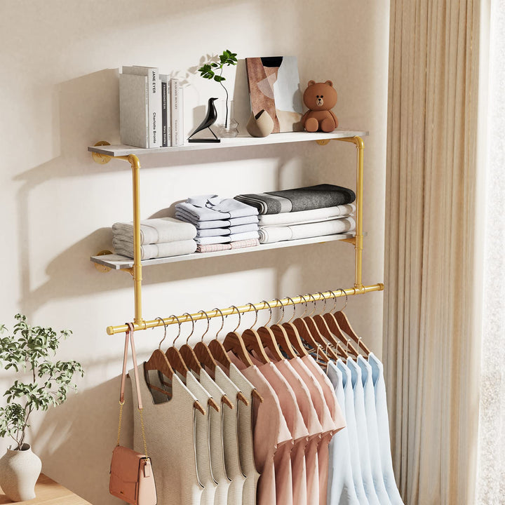 unho Kleiderstange zur Wandmontage, Wandgarderobe mit 2 Ablage im Industrierohrstil, Wandgarderoben