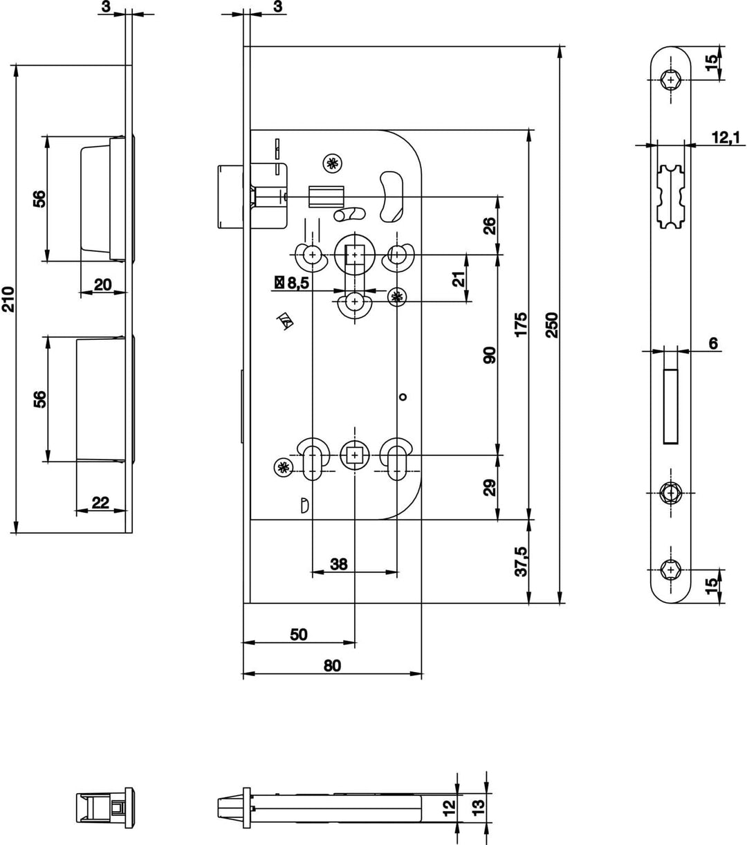 Magnetfallenschloss WG 340 RNM WC ohne Schliessblech, DM 50, VK 8,5 mm, 1 Stück | Einsteckschloss /