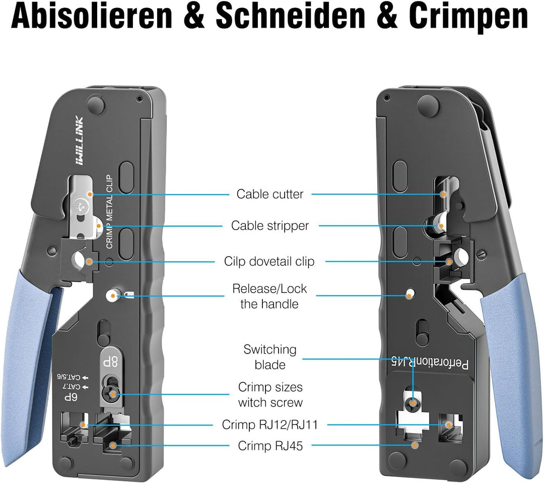 iwillink RJ45 Crimpzange Set mit 20 x Cat 7 Stecker | 1x Abisolierzange, 1x RJ45 Cat7 Kupplung,1x RJ