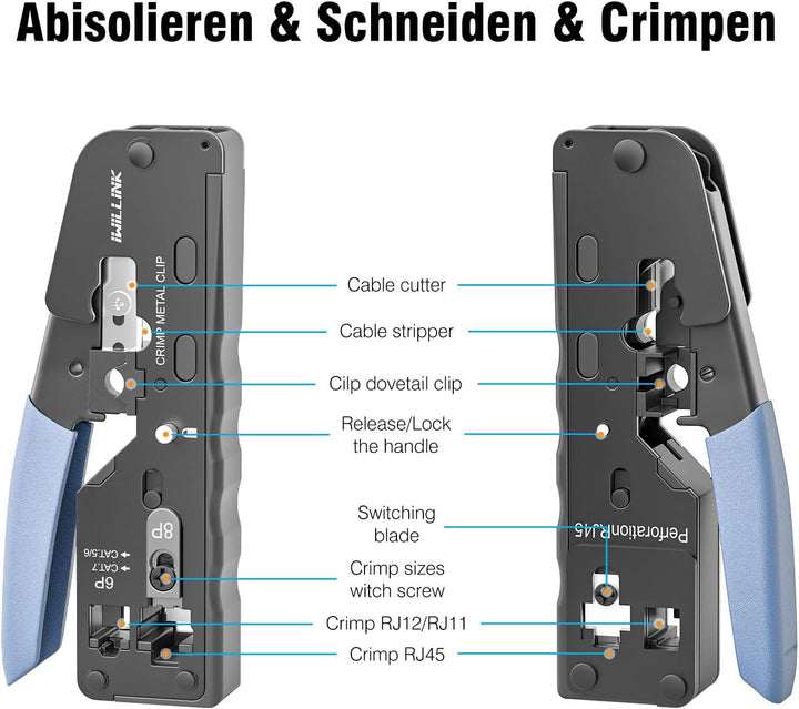 iwillink RJ45 Crimpzange Set mit 20 x Cat 7 Stecker | 1x Abisolierzange, 1x RJ45 Cat7 Kupplung,1x RJ
