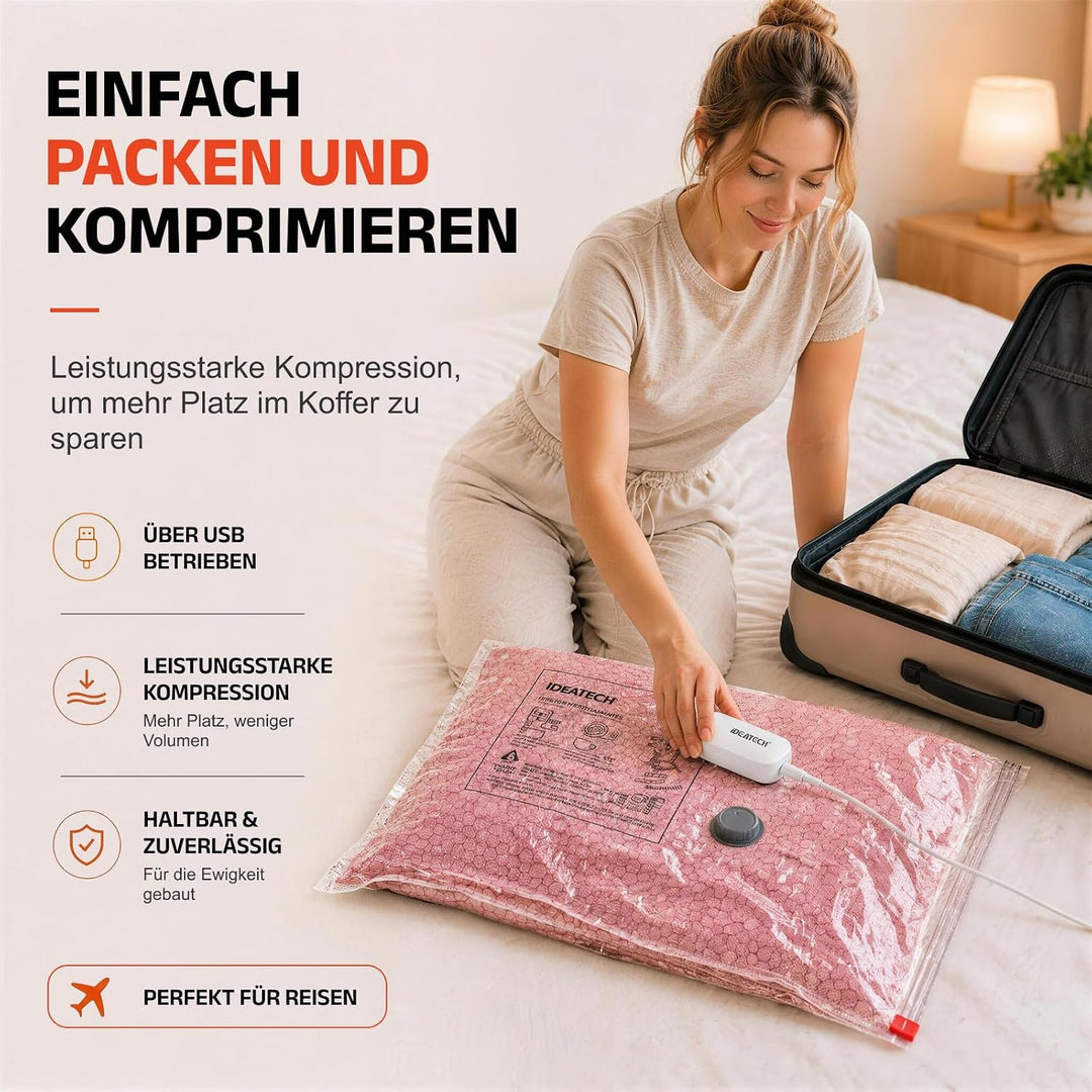IDEATECH Reise Vakuumbeutel für Kleidung mit USB Pumpe, Kompressionsbeutel | 15 Stück Kompressionsbe