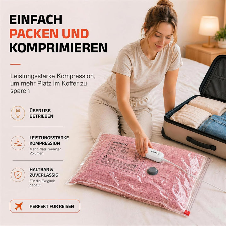 IDEATECH Reise Vakuumbeutel für Kleidung mit USB Pumpe, Kompressionsbeutel | 15 Stück Kompressionsbe