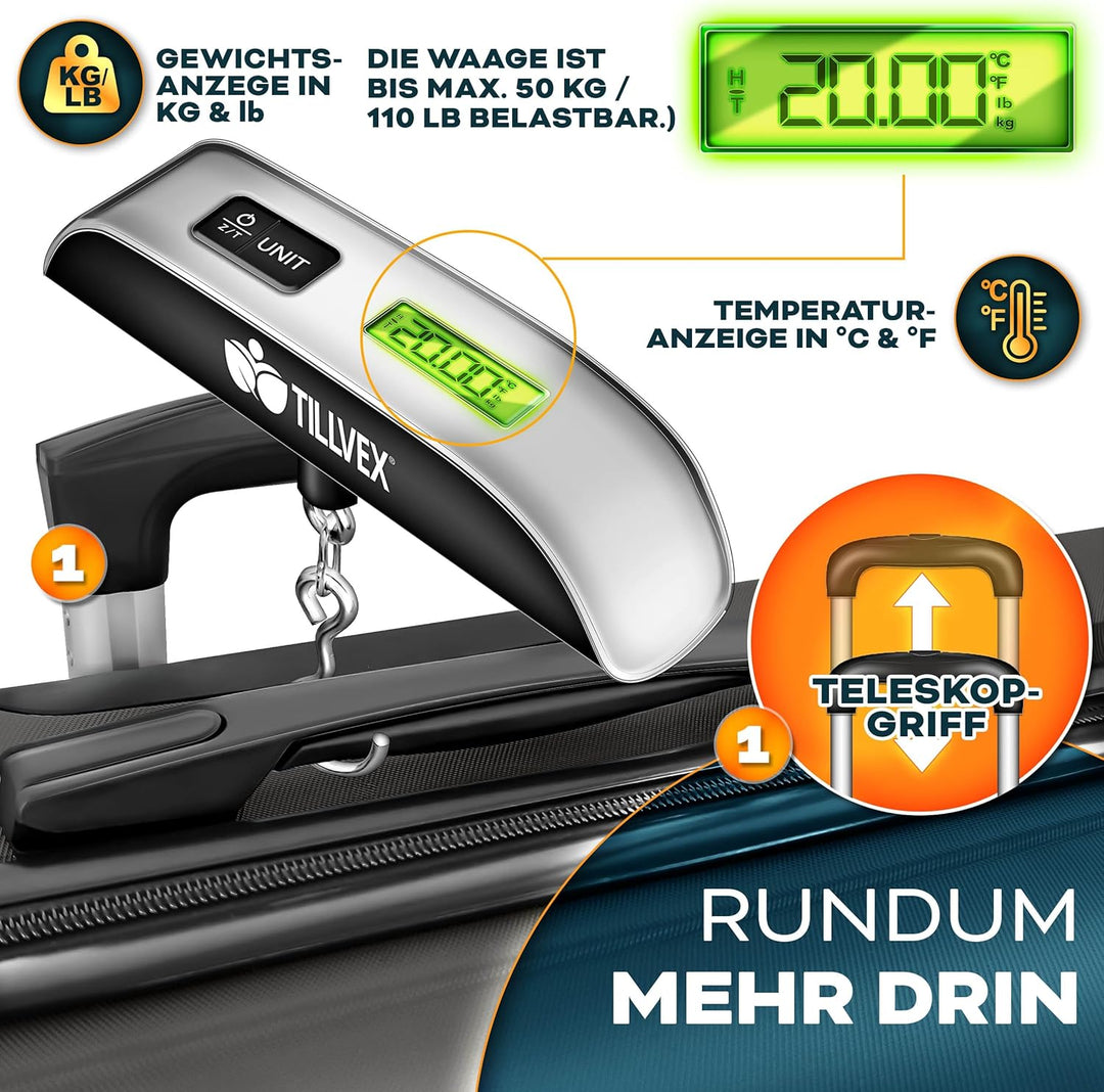 tillvex® Reisekoffer Set 3-TLG. + Gepäckwaage, 6X Koffergurte & 3X Kofferanhänger | Kofferset 4 Roll