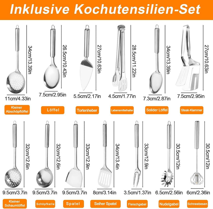 Kottwca Edelstahl Kochutensilien Set - 13 - Stück Set, Wärmebeständig, Kunststoff - frei, Antihaft H