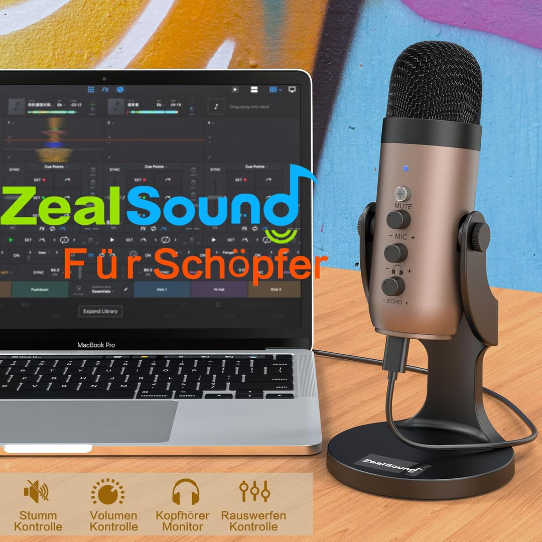 zealsound USB Mikrofon PC, k66 Gold Podcast Mikrofon für PC Handy PS4&5, Kondensator Microphone mit