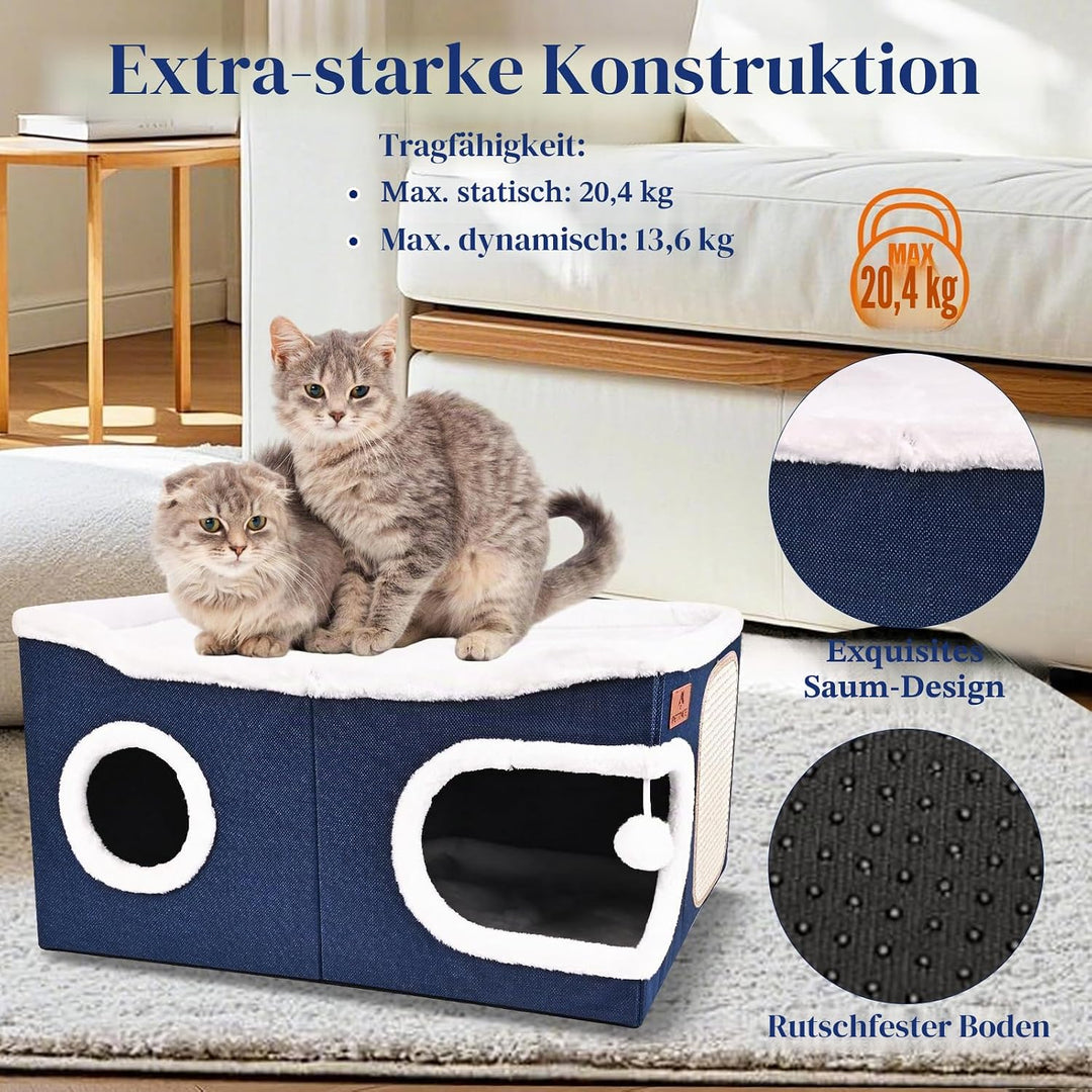 Extra Grosse Katzenhaus Indoor, 2-stöckige Kuschelhöhle mit Kratzbrett und Spielball, Katzenhöhle fü
