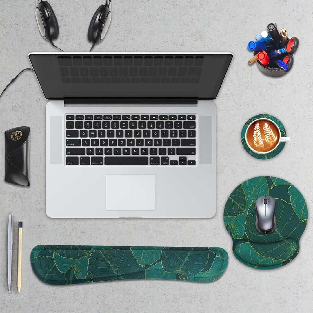 3-in-1 Mousepad Set, Mauspad mit Handauflage + Ergonomisches Tastatur-Handgelenkauflage + Untersetze