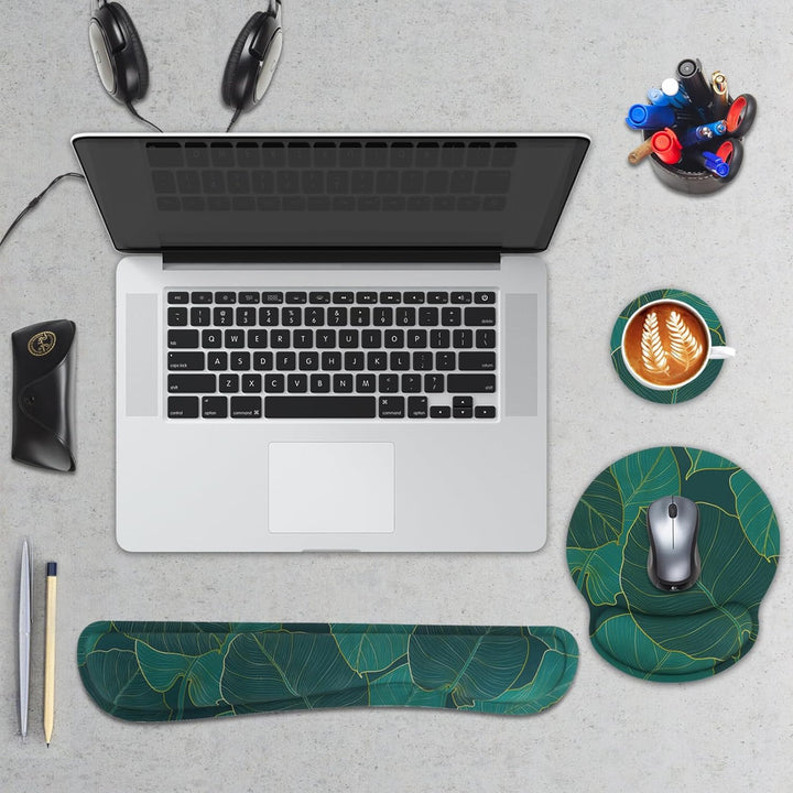 3-in-1 Mousepad Set, Mauspad mit Handauflage + Ergonomisches Tastatur-Handgelenkauflage + Untersetze