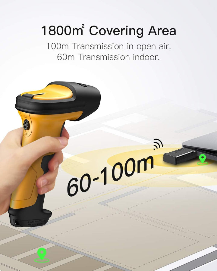 Inateck Barcode Scanner Wireless 2.4GHz, Akku mit 2600 mAh, 60 m Reichweite, automatisches Abtasten
