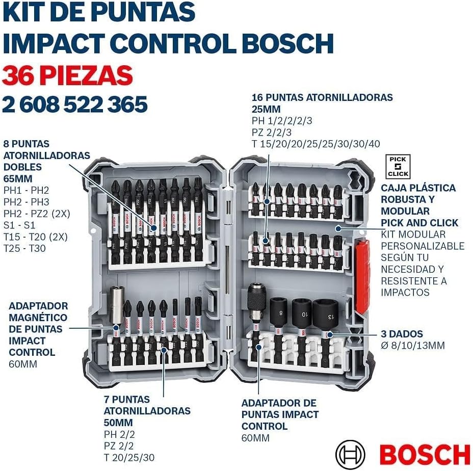 Bosch Professional 36 tlg. Schrauberbit Set (Impact Control, Pick and Click, Zubehör Schlagschrauber