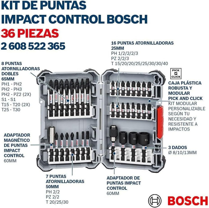 Bosch Professional 36 tlg. Schrauberbit Set (Impact Control, Pick and Click, Zubehör Schlagschrauber