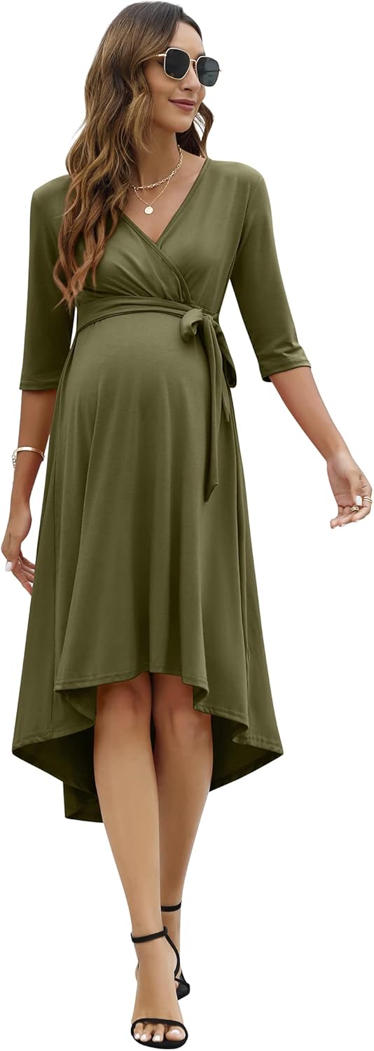 Damen Umstandskleid Festlich Stillkleid V-Ausschnitt 3/4 Ärmel Schwangerschaftskleid mit Taillengürt
