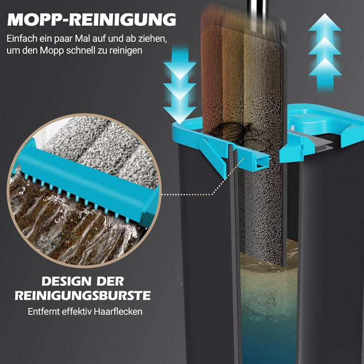 MASTERTOP Bodenwischer Set mit Eimer, Flacher Wischmopp mit 6 Mikrofaser Pads für Nass-Trockennutzun