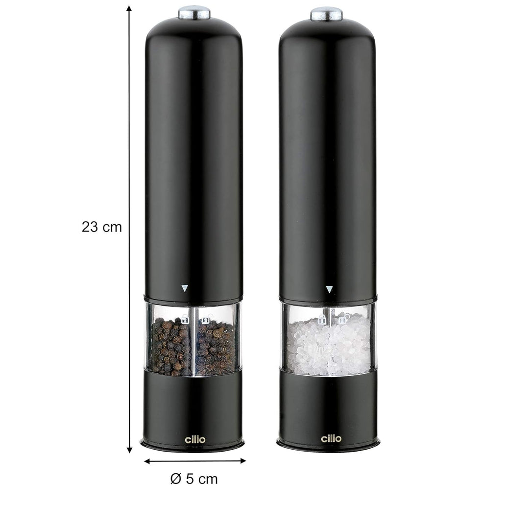 Cilio Elektrisches Mühlenset Bergamo, Batteriebetrieben, Edelstahl, Schwarz, 615012, Schwarz