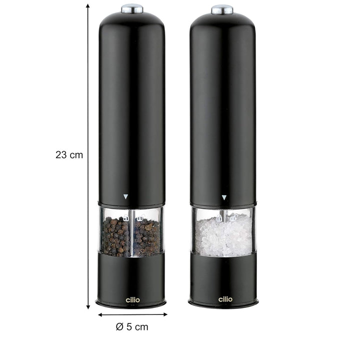 Cilio Elektrisches Mühlenset Bergamo, Batteriebetrieben, Edelstahl, Schwarz, 615012, Schwarz