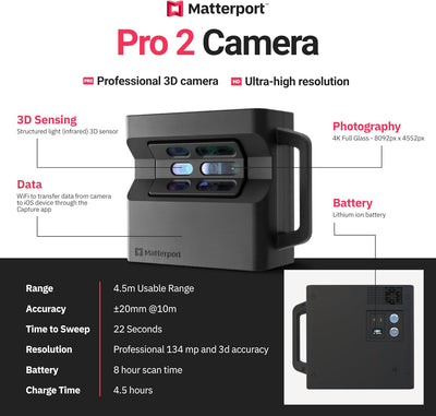 Matterport Pro2 3D 360-Grad-Kamera Paket - Enthält Pro2 3D-Kamera, Stativ, Klemme und tragbare 20-Zo