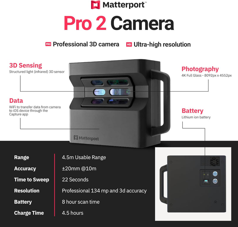 Matterport Pro2 3D 360-Grad-Kamera Paket - Enthält Pro2 3D-Kamera, Stativ, Klemme und tragbare 20-Zo