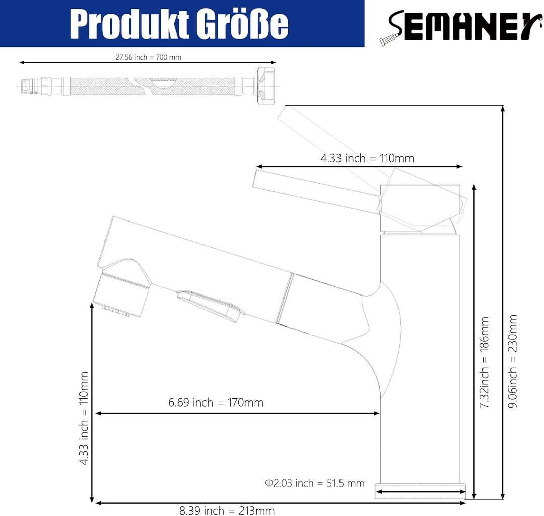 Wasserhahn Bad Schwarz, SEMANEY Waschtischarmatur mit Herausziehbarer Brause 3 Modi, Mischbatterie W