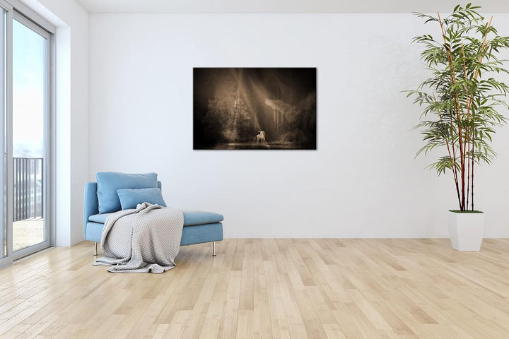 deyoli Einhorn auf einer Waldlichtung Format: 80x60 Effekt: Sepia als Leinwandbild, Motiv fertig ger