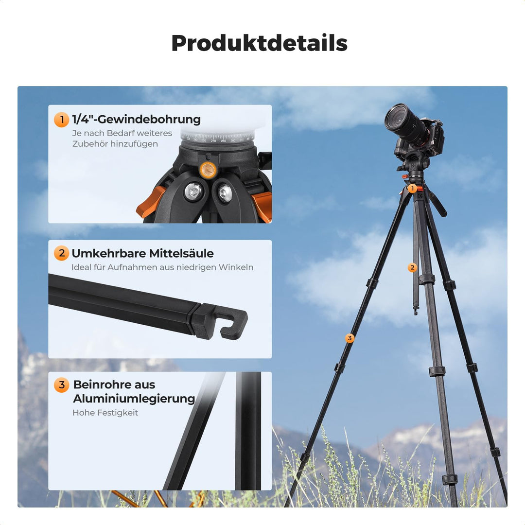Kamera Stativ,K&F CONCEPT Videostativ mit Fluidkopf,187cm Stativ Kamera, Tripod für unterwegs, Kompa