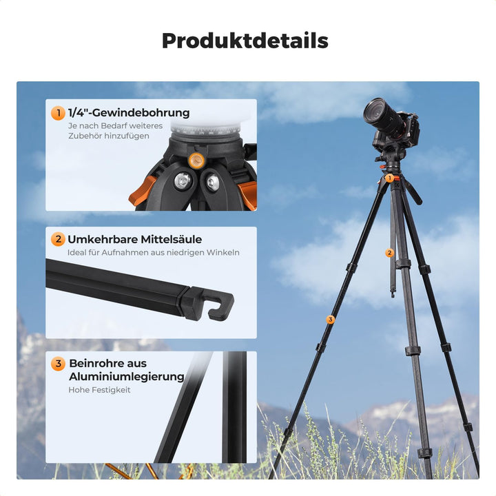 Kamera Stativ,K&F CONCEPT Videostativ mit Fluidkopf,187cm Stativ Kamera, Tripod für unterwegs, Kompa