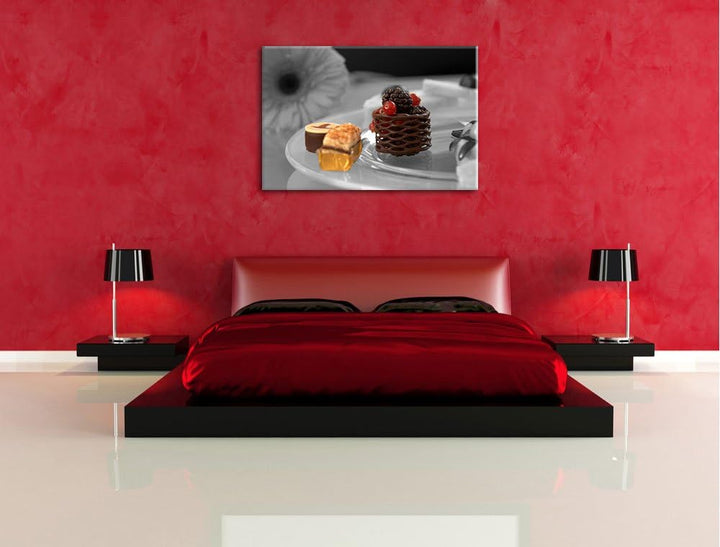 appetitliche süsse Desserts schwarz/weiss auf Leinwand, XXL riesige Bilder fertig gerahmt mit Keilra