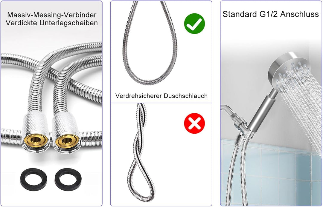 Duschkopf Edelstahl mit Schlauch, Metall Duschbrause, Hochdruck Handbrause Wassersparend, Duschkopf