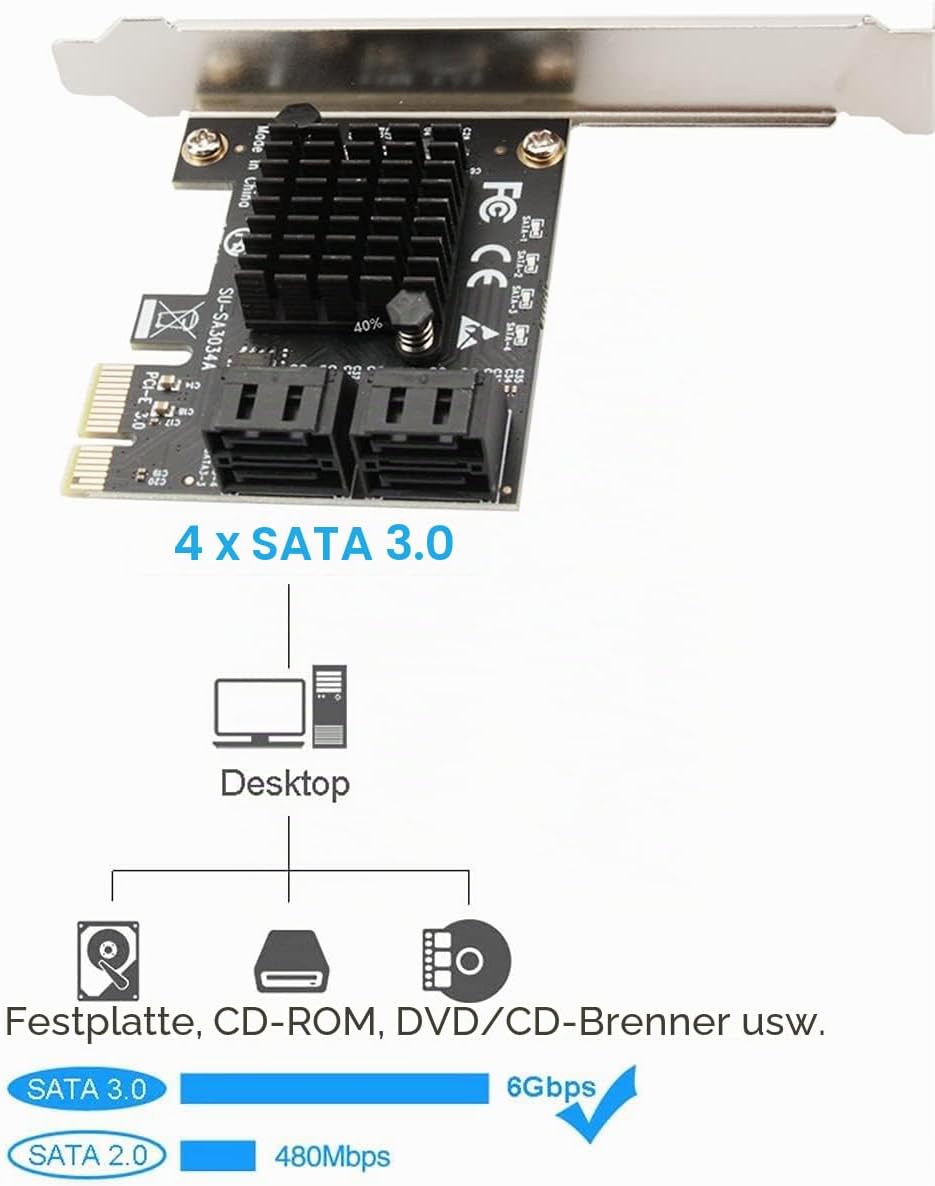 Ziyituod SATA Karte, PCIE 3.0, 4 Ports mit 4 SATA-Kabeln, SATA-Controller-Erweiterungskarte mit Low-
