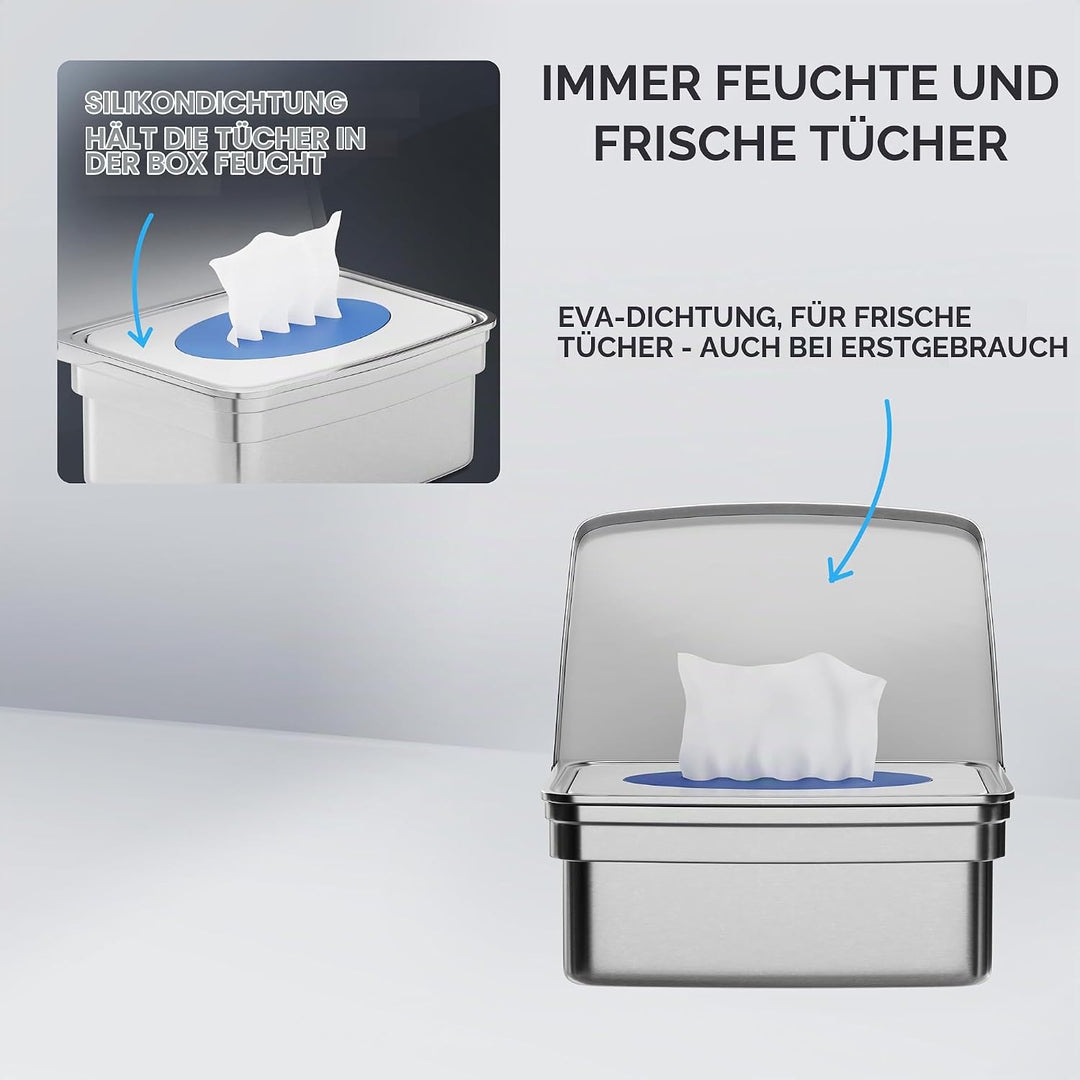 ovimar Feuchttücher Box mit Deckel Taksensand | in edlem Silber poliertem Edelstahl | zum Bohren | D