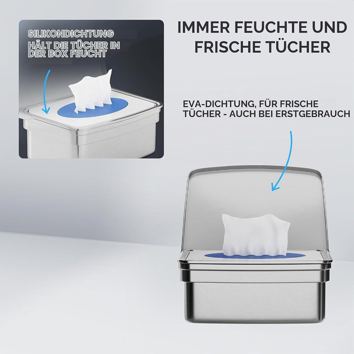 ovimar Feuchttücher Box mit Deckel Taksensand | in edlem Silber poliertem Edelstahl | zum Bohren | D