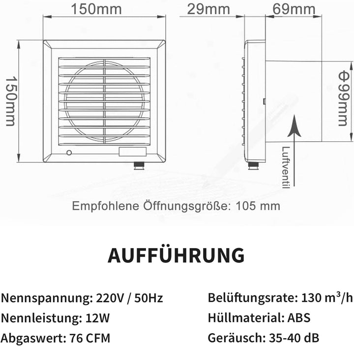 HUGOOME 100 mm 12 W 130 m³/h Abluftventilator mit Verschlussklappe und Zugkettenschalter, Fenster- u