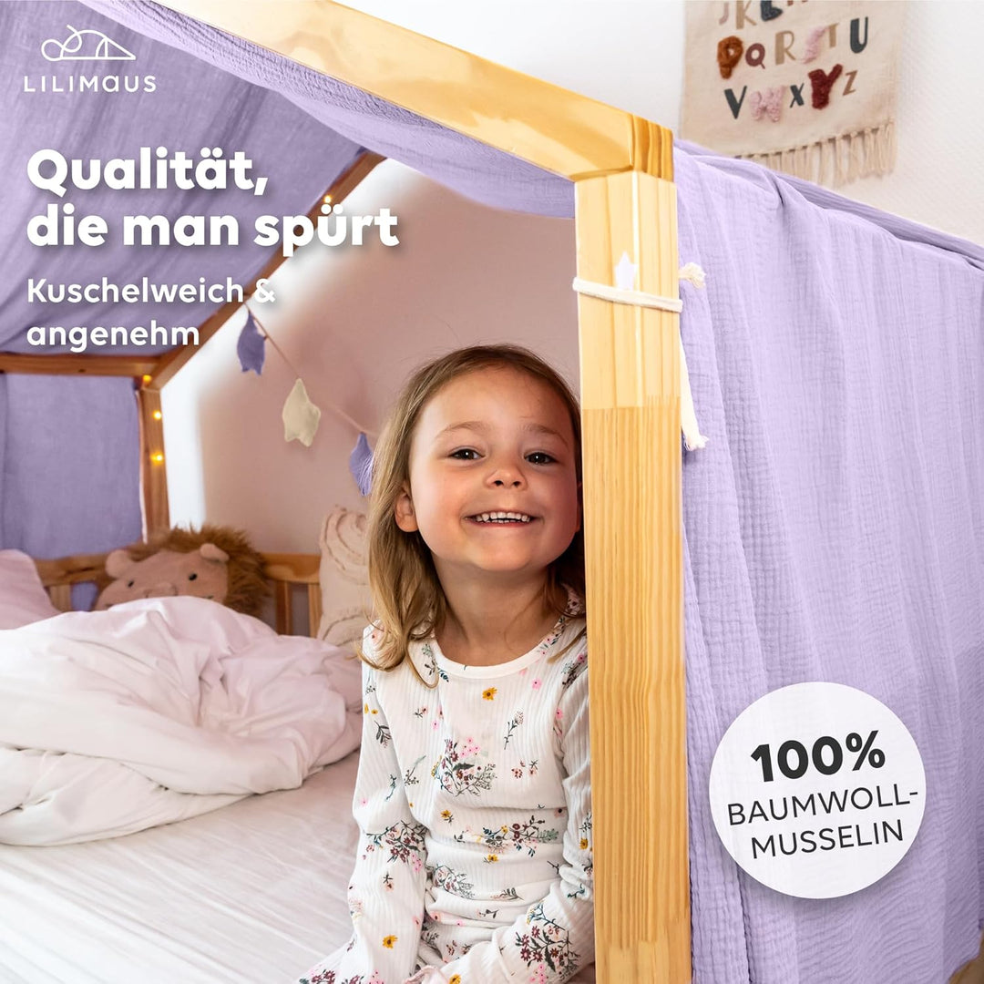 Hausbett Himmel [in 12 Farben] Betthimmel Hausbett aus 100% Baumwolle Musselin - Stoffhimmel für Hau