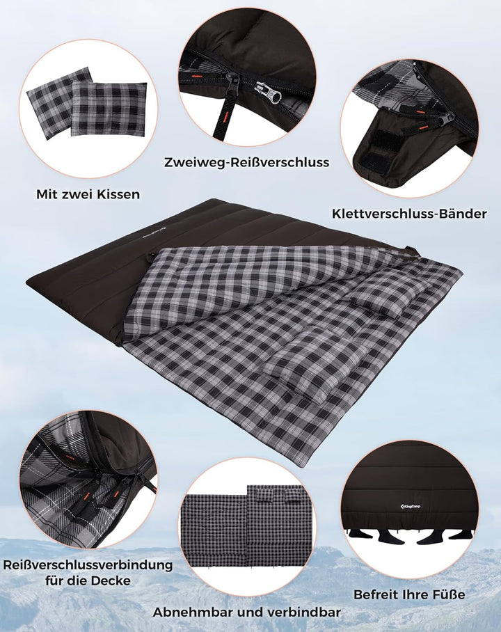 KingCamp Doppelschlafsack Baumwolle Flanell Winter Schlafsack 2 Personen Warmer Deckenschlafsack 3-4