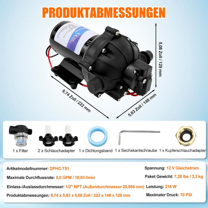 12-V-Membranpumpe, RV-Wasserpumpe, 5,0 GPM / 18,93 L/min, 70 PSI Wasserpumpe selbstansaugend mit Dru