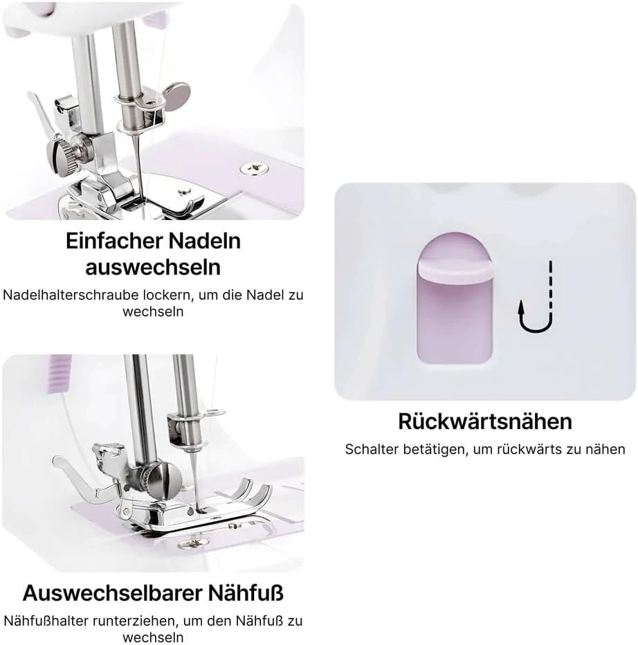 Nähmaschine für Einsteiger mit 2-fach Doppelfaden/Nähen mit 12 eingebauten Nähten/Mini Nähmaschine/H