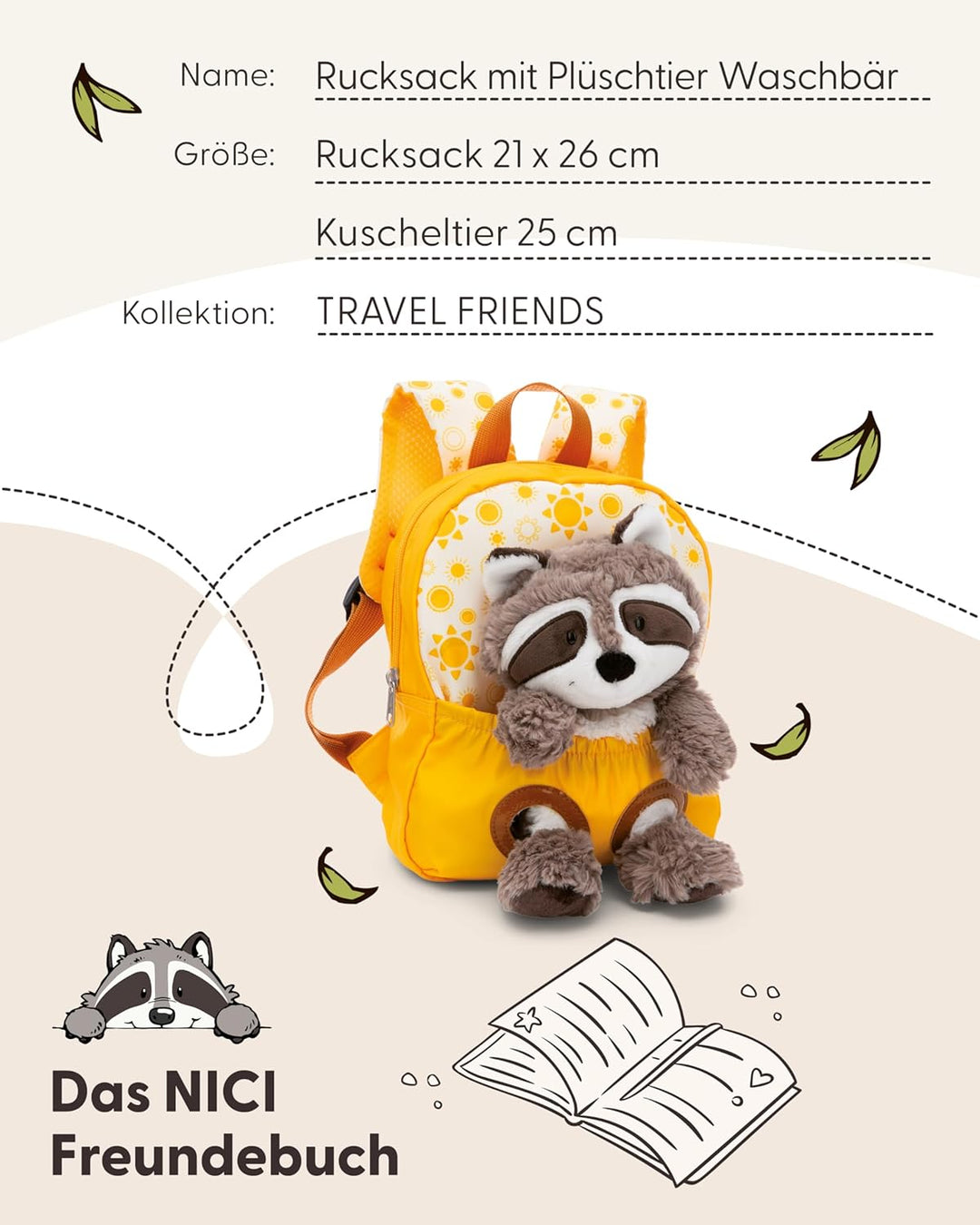NICI Kinderrucksack gelb 2 in 1 mit Kuscheltier Waschbär 25cm - Kindergartenrucksack Mädchen & Junge