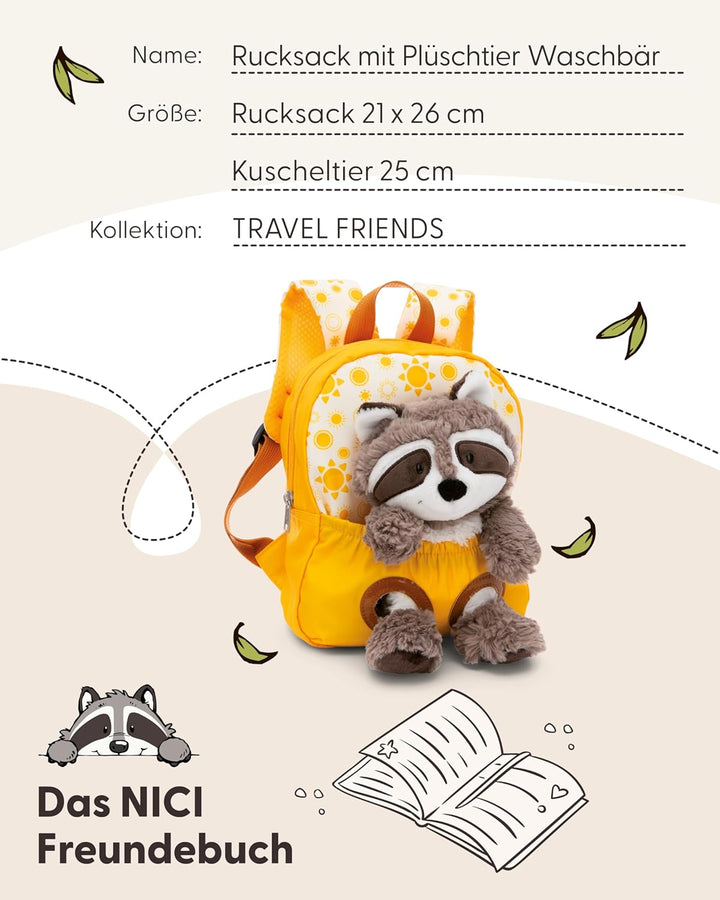 NICI Kinderrucksack gelb 2 in 1 mit Kuscheltier Waschbär 25cm - Kindergartenrucksack Mädchen & Junge