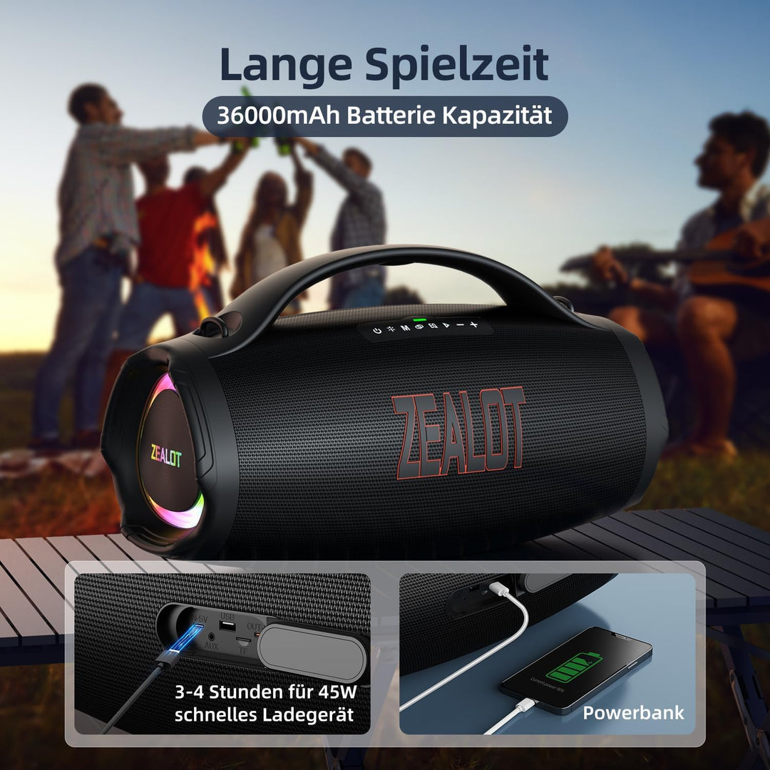 Zealot Bluetooth Lautsprecher,160W RMS/200W Peak Musikbox,Mega Volume Bass,IPX6 Wasserdicht,BT5.3,36