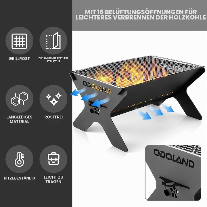 Odoland Camping-Feuerstelle, tragbare Feuerstelle für Camping, 2 in 1 Holzfeuerstelle, Grill mit abn