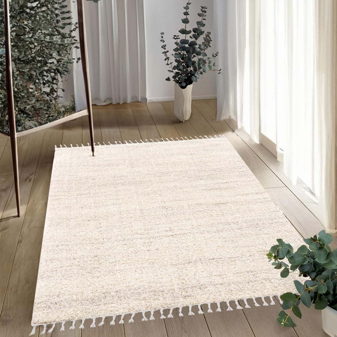 payé Hochflor-Teppich Wohnzimmer Cream - 120x160cm - Meliert mit Fransen - Weiche Schlafzimmer-Teppi