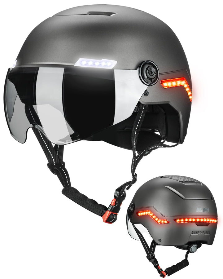 ILM Fahrradhelm Herren Damen mit Visier und LED Licht Beleuchtung Automatischem G-Sensor für Blinker