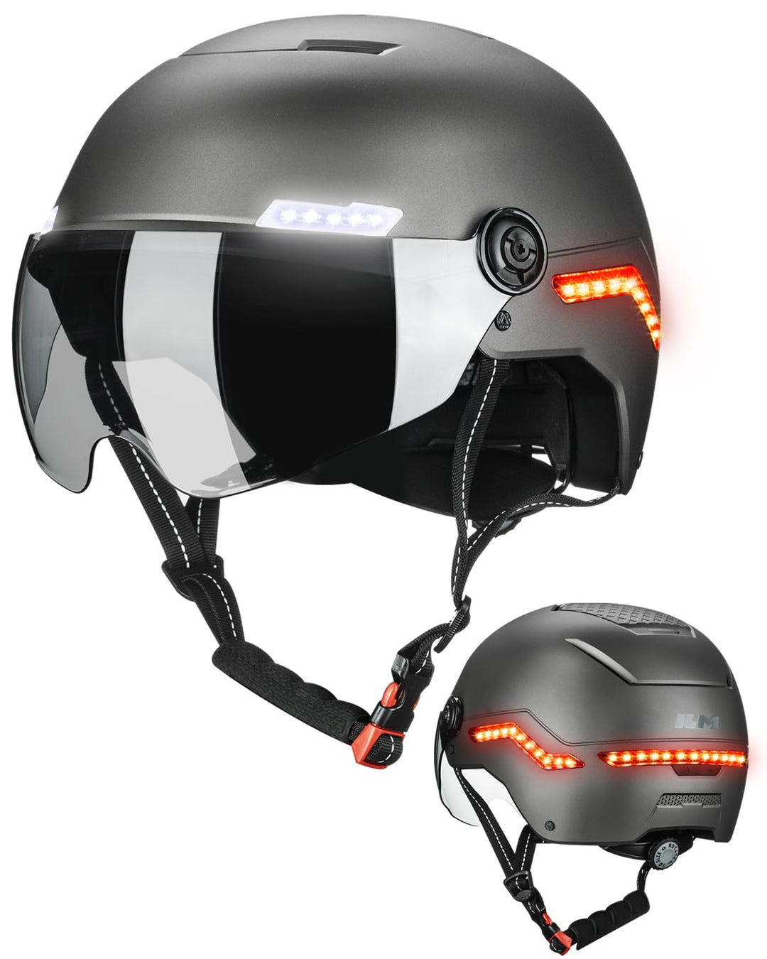 ILM Fahrradhelm Herren Damen mit Visier und LED Licht Beleuchtung Automatischem G-Sensor für Blinker